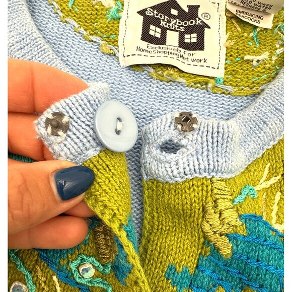 Storybook Knits Women's Blue/Green Button Up Cardigan Sweater Embracing Peacocks - Picture 11 of 12